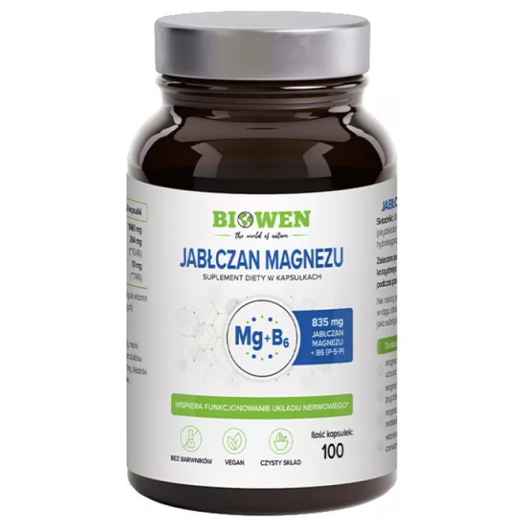 JABŁCZAN MAGNEZU + WITAMINA B6 100 KAPSUŁEK - BIOWEN