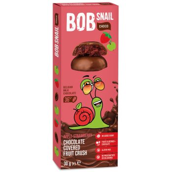 PRZEKĄSKA CHOCO JABŁKO - TRUSKAWKA W MLECZNEJ CZEKOLADZIE BIELGIJSKIEJ BEZ DODATKU CUKRÓW BEZGLUTENOWA 30 g - BOB SNAIL