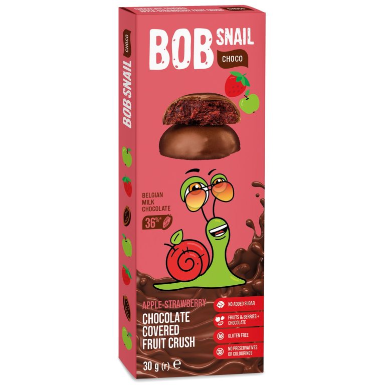 PRZEKĄSKA CHOCO JABŁKO - TRUSKAWKA W MLECZNEJ CZEKOLADZIE BIELGIJSKIEJ BEZ DODATKU CUKRÓW BEZGLUTENOWA 30 g - BOB SNAIL