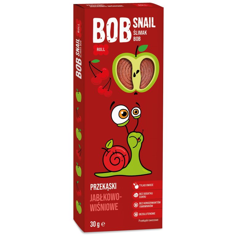 PRZEKĄSKA ROLL JABŁKO - WIŚNIA BEZ DODATKU CUKRÓW BEZGLUTENOWA 30 g - BOB SNAIL