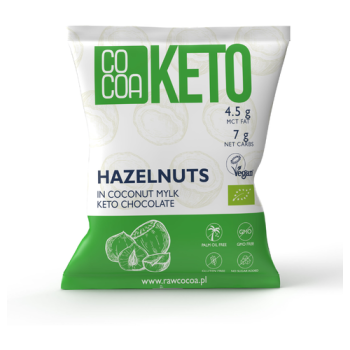 ORZECHY LASKOWE W CZEKOLADZIE KETO Z OLEJEM MCT BEZ DODATKU CUKRÓW BEZGLUTENOWE BIO 70 g - COCOA