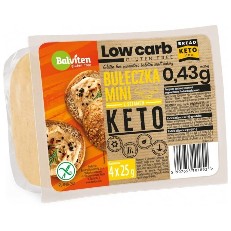 BUŁECZKI MINI Z SEZAMEM O OBNIŻONEJ ILOŚCI WĘGLOWODANÓW BEZGLUTENOWE KETO (4 szt.) 100 g - BALVITEN
