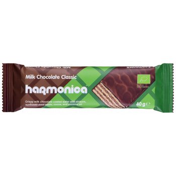 WAFELEK Z SAMOPSZY Z KREMEM MLECZNO - KAKAOWYM W POLEWIE Z MLECZNEJ CZEKOLADY BIO 40 g - HARMONICA