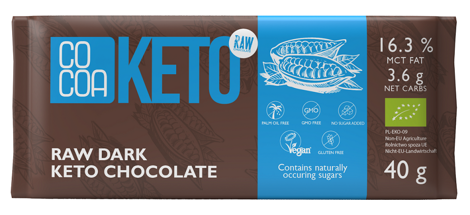 CZEKOLADA Z OLEJEM MCT BEZ DODATKU CUKRU BEZGLUTENOWA KETO BIO 40 g - COCOA