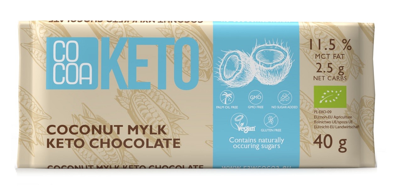 CZEKOLADA KOKOSOWA Z OLEJEM MCT BEZ DODATKU CUKRU BEZGLUTENOWA KETO BIO 40 g - COCOA