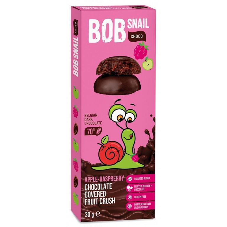 PRZEKĄSKA CHOCO JABŁKO - MALINA W CIEMNEJ CZEKOLADZIE BELGIJSKIEJ BEZ DODATKU CUKRU BEZGLUTENOWA 30 g - BOB SNAIL