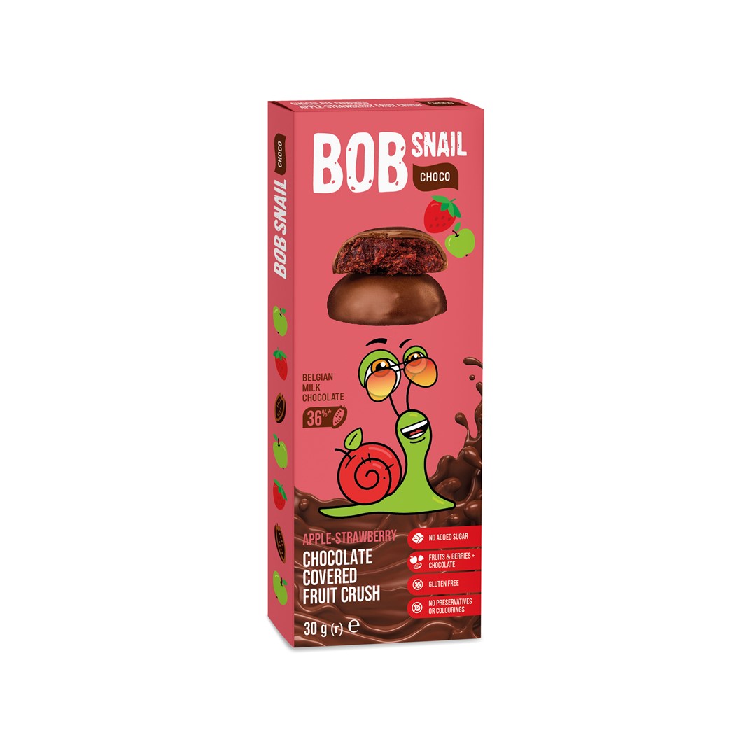 PRZEKĄSKA CHOCO JABŁKO - TRUSKAWKA W MLECZNEJ CZEKOLADZIE BIELGIJSKIEJ BEZ DODATKU CUKRU BEZGLUTENOWA 30 g - BOB SNAIL