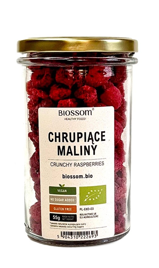 MALINY LIOFILIZOWANE CHRUPIĄCE  BEZGLUTENOWE BIO 55 g - BIOSSOM