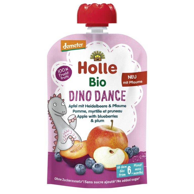 MUS TAŃCZĄCY DINOZAUR (JABŁKO - BORÓWKA - ŚLIWKA) BEZ DODATKU CUKRÓW BEZGLUTENOWY OD 6 MIESIĄCA DEMETER BIO 100 g - HOLLE